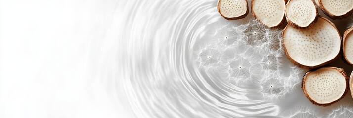Wall Mural - an abstract background featuring dandelion seeds and circular wooden slices on a soft, flowing white