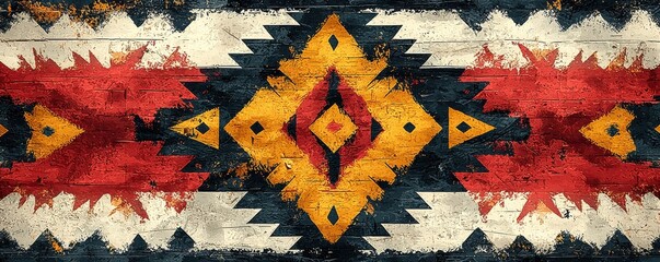 Wall Mural - Colorful tribal pattern with geometric symmetry and textured background design