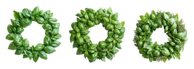 Wall Mural - Fresh basil wreaths arranged in a circular pattern on a transparent background