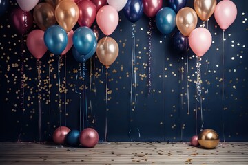 Wall Mural - Luxury party backdrop with pink blue and gold helium balloons on dark background with glitter confetti. Birthday celebration decor for anniversary graduation party