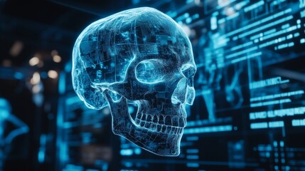 A computer screen exhibits coding with an overlay of a skull, indicating a malware or virus infection