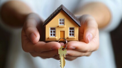 Wall Mural - new home ownership, a symbol of dreams realized and future possibilities. keys and house model held 