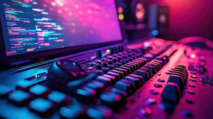 Neon-lit studio, programmer coding, bokeh background, software development