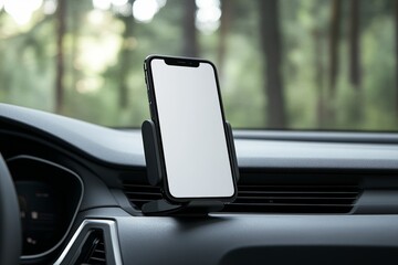 Mockup of a modern mobile phone holder attached to a car's windshield