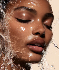 Wall Mural - Portrait of a young beautiful black woman with water splashes	