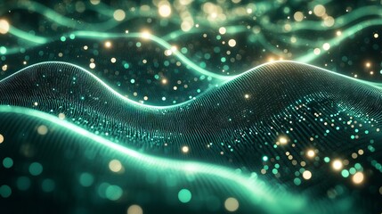 The concept of technology, computers, cyberspace, the internet, digital data, networks, programming, communication, and coding is represented by an abstract green digital binary code matrix texture