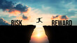 © G-Studio - Silhouette of a person jumping from risk to reward over a gap between cliffs at sunset, taking chances for success, high-risk high-reward concept, courage, investment, business opportunities