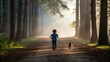 © Fay Melronna  - Hiking with kids and pets creates joyful memories. A child and a dog run along a misty forest path, surrounded by tall trees, capturing a moment of joy and adventure in nature.