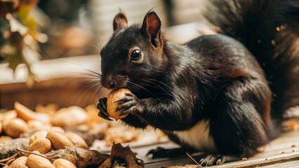 Closeup of a black squirrel eating an acorn urban park wildlife photography natural habitat eye level closeup view for seo impact