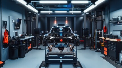 Wall Mural - Autonomous Diagnostic Robot in a High-End Automotive Repair Workshop: Analyzing Vehicle Components Under State-of-the-Art Scanning Light with Industrial Aesthetic.