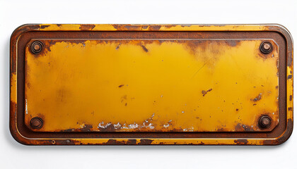 Wall Mural - Rusty yellow rectangular signboard with weathered texture, vintage design isolated on white.