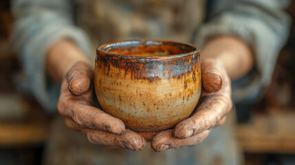 Ceramic cup being crafted on a pottery wheel in an artisan studio during a late afternoon session