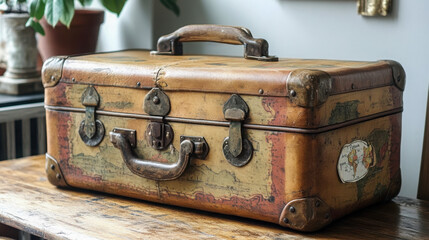 Vintage leather suitcase adorned with travel stickers against a textured blue background inspires a sense of adventure and nostalgia