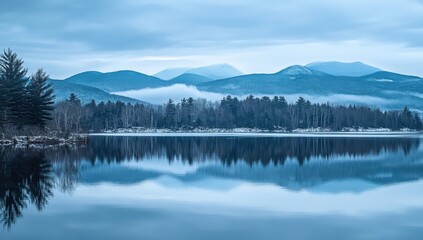 A lake reflects snowcovered mountains surrounding it