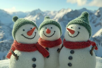 Wall Mural - Three cheerful snowmen stand in fresh white snow, adorned with hats