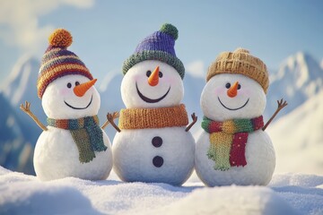 Wall Mural - Three cheerful snowmen stand in fresh white snow, adorned with hats