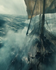 Wall Mural - a majestic brigantine with stretched sails rushes _002