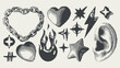 © Alena creator - Gothic Pixel Shape Set. Bitmap vector graphic in a retro 8-bit game style. Retro futuristic sticker for collage, t-shirt print, poster. Heart, star, ear, fire, chain in the shape of a heart.