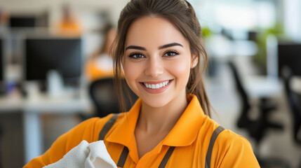 Smiling professional in office environment, showcasing effective team collaboration, workplace positivity, productivity, and successful corporate culture.