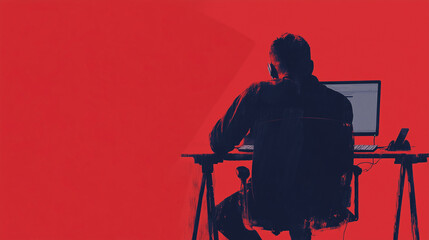 a trendy developer with dreadlocks at a desk using a computer and laptop on a monochrome red backgro