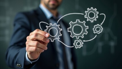 Fototapete - Business process management and solution. Businessman drawing connecting gears on chalkboard