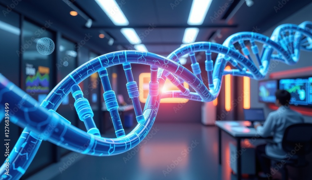 A highly detailed, futuristic 3D-rendered digital image of a glowing blue DNA double helix in a modern laboratory setting. 