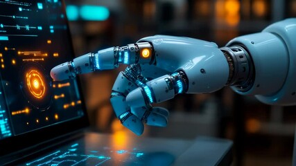 Advanced robotic arm interacts with futuristic computer interface displaying intricate data and graphics in a high-tech environment