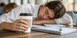 ©  Princess Turandot - Overworked student resting head on desk with coffee, exhausted from endless studying