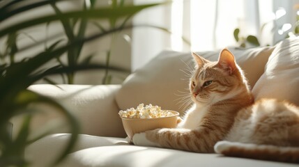 Naklejka na meble Cat watching television eating popcorn on couch sofa on a sunny day