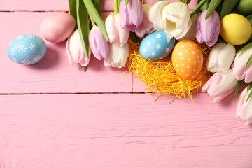 Wall Mural - Easter eggs and beautiful tulips on pink wooden table, flat lay. Space for text