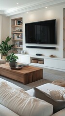 Wall Mural - Modern Living Room With Comfortable Furniture and Wall-Mounted Television in a Stylish Interior Design