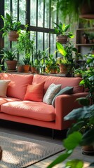 Wall Mural - Cozy Indoor Space Filled With Plants and a Red Couch Near Large Windows