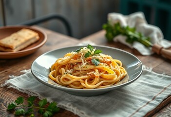 Wall Mural - Pasta dish with creamy sauce and garnishes