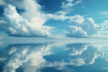 Wall Mural - Vast Calm Waters Reflecting Fluffy Clouds Under a Bright Blue Sky