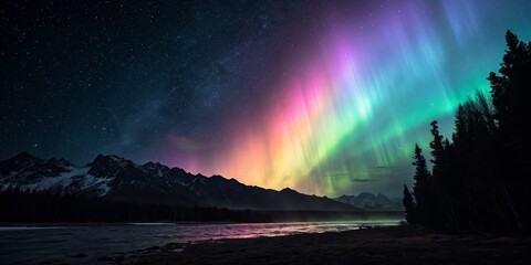 Rainbow Aurora Borealis over Mountain River Night Sky Landscape Photography, aurora, northern lights