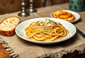 Wall Mural - A plate of spaghetti carbonara with garlic bread