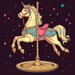 Wall Mural - Whimsical Carousel Unicorn, Night Sky Background, Decorative, Illustration, Poster