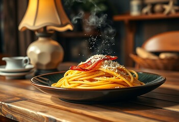 Wall Mural - Steaming hot plate of spaghetti carbonara with parmesan cheese and crispy bacon