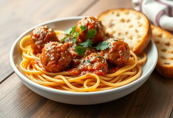 Wall Mural - A plate of spaghetti with meatballs, garnished with fresh parsley and served with garlic bread