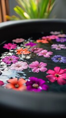 Poster - Relaxing Hot Tub Adorned With Colorful Flowers in a Serene Outdoor Setting