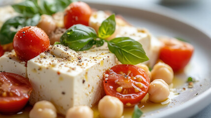 Wall Mural - Tofu cheese salad with cherry tomatoes and chickpeas, vibrant colors on white plate.background for the text, vegan meat. Soy meat