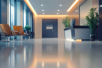 Wall Mural - Blurred modern office lobby with sleek furnishings and bright ambient lighting