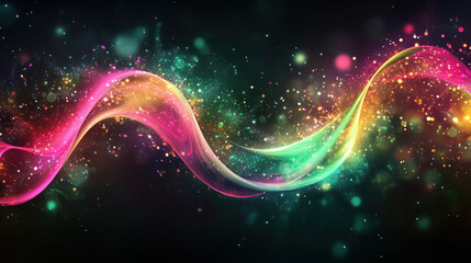 Wall Mural - Colorful wave with sparkles on black background with copy space. Abstract design