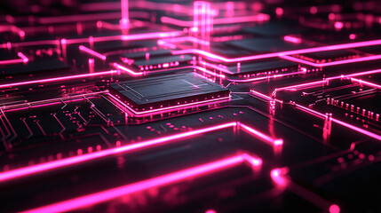 Futuristic circuit board with glowing pink lines, a central processor illuminated, suggesting modern technology and data transmission pathways.