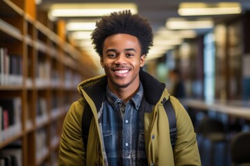 Poster - A smiling young African student in a library with books on him holding a backpack publication adult smile.