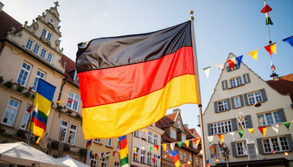 German flag waving in morning light at festive Oktoberfest celebration