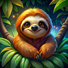 Wall Mural - A cute sloth with large, expressive eyes is nestled among lush green leaves in a vibrant jungle settin