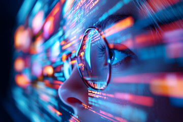 Woman programmer coding, night office, data streams