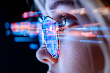 woman programmer coding, digital data streams, dark background, tech concept