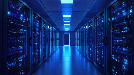 Aufkleber - Futuristic data center with glowing blue server racks, illuminated corridors, and advanced technology. Ideal for cybersecurity, cloud computing, IT infrastructure, and digital security concepts